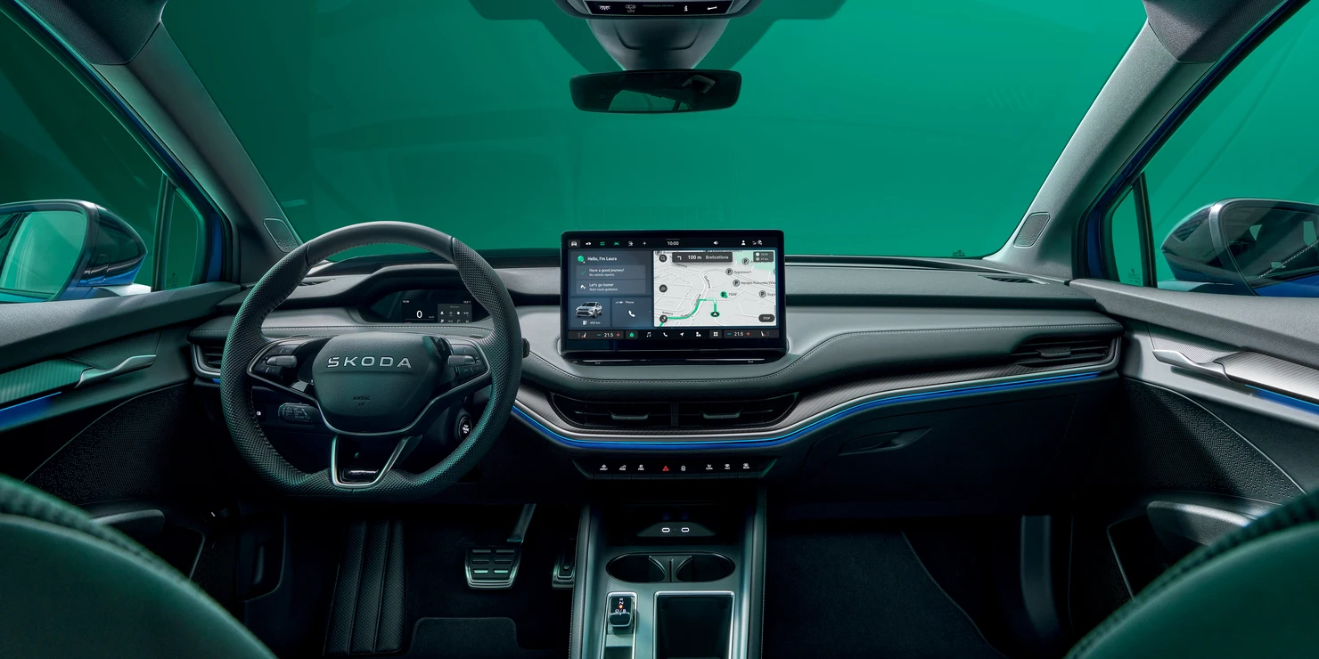 The dynamically styled interior is all about sleek black tones and carbon-fibre decor.