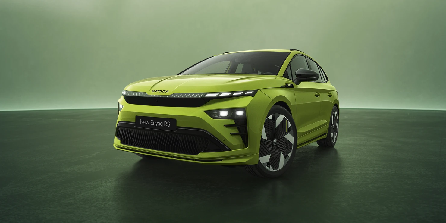Black-painted exterior accents and the RS badge on the wings highlight the emotive design of the Enyaq RS.
